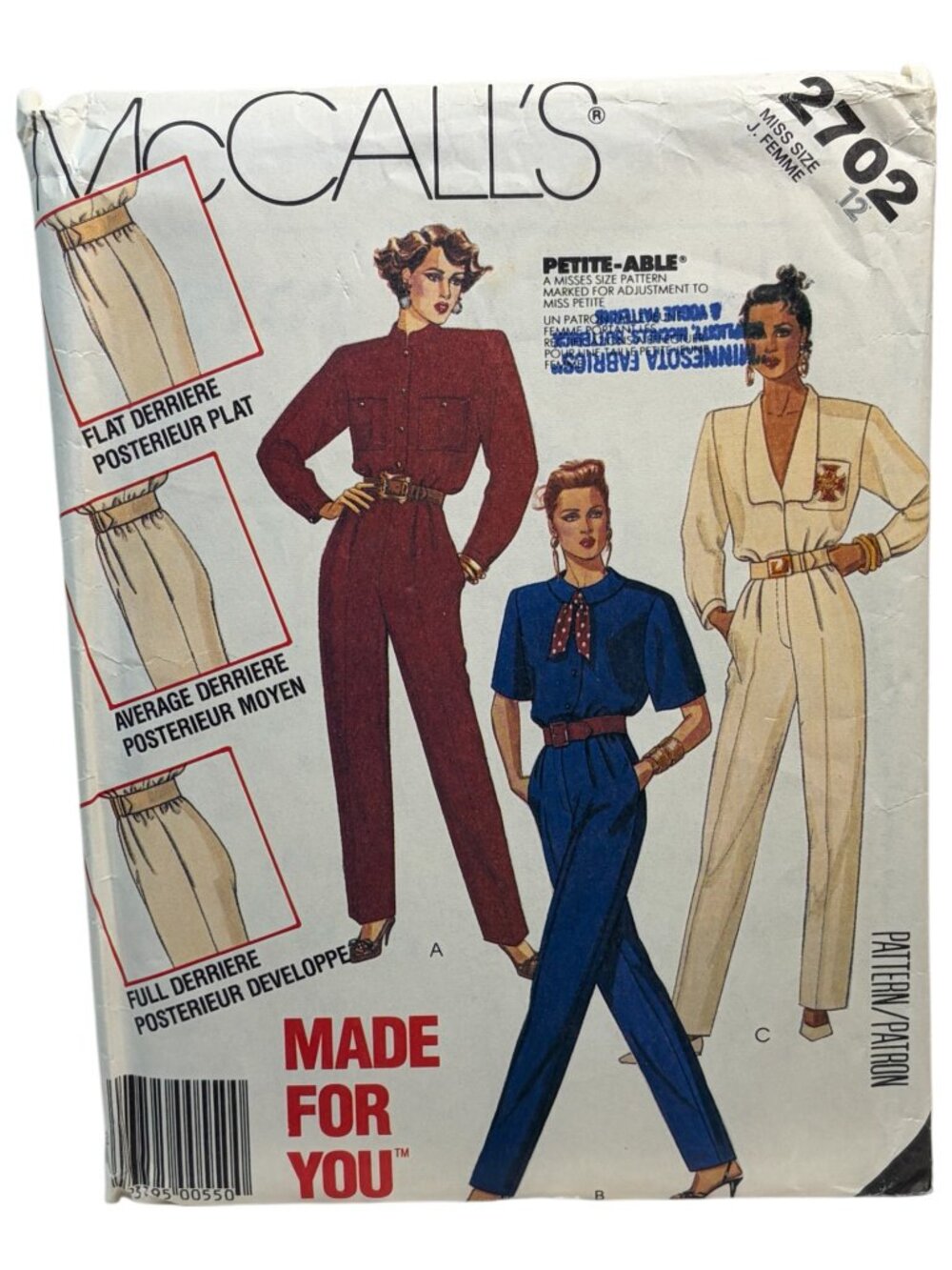 McCall's One Piece Jumpsuit Sewing Pattern 2702 Size 12 FF Uncut NOS 1986